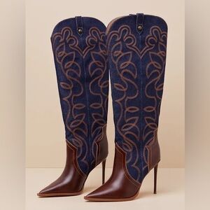 Steve Madden Tyrant Denim Multi Leather Knee-High High Heel Western Boots